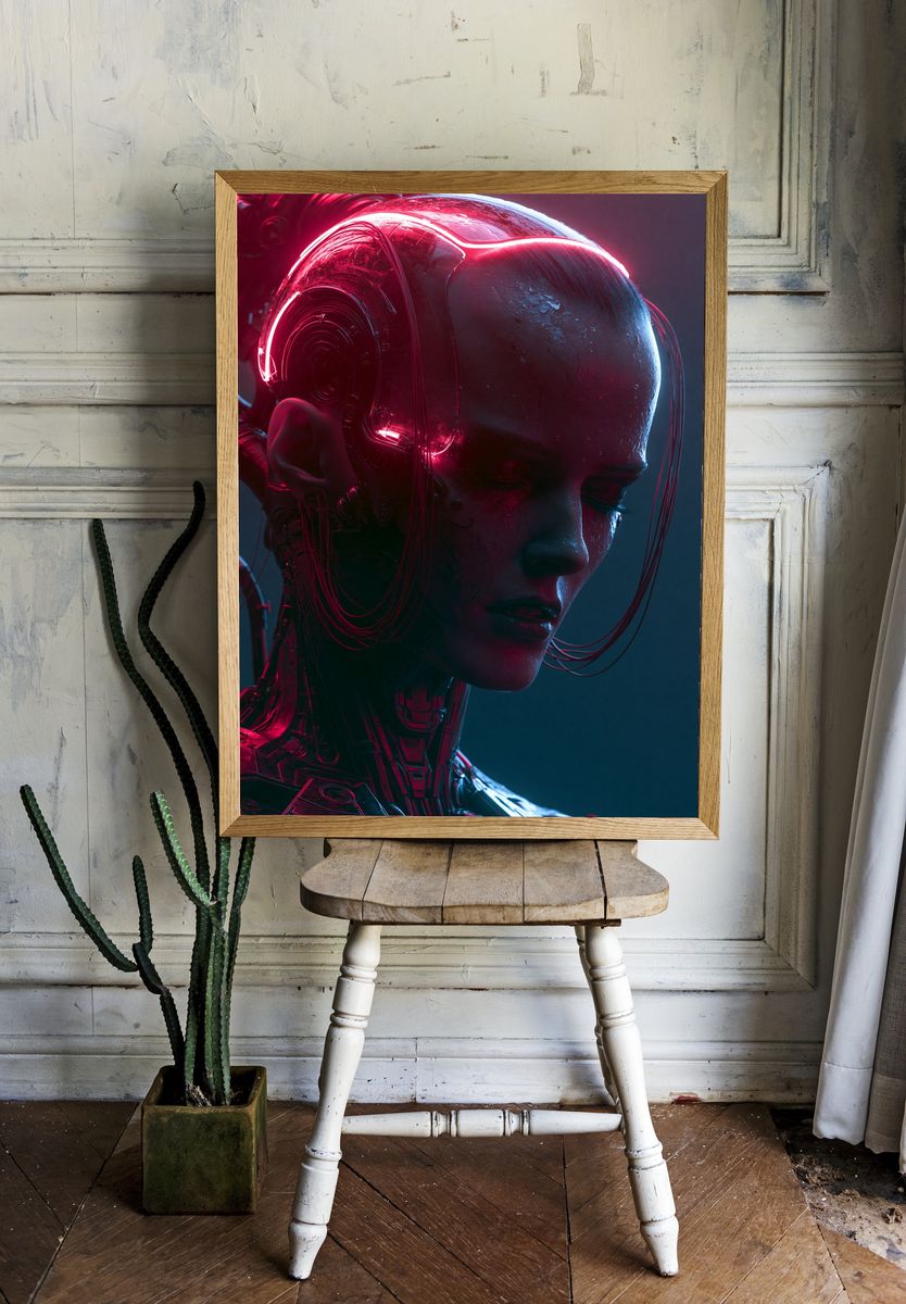 Cybernetic Portrait Neon Poster. — room view 1