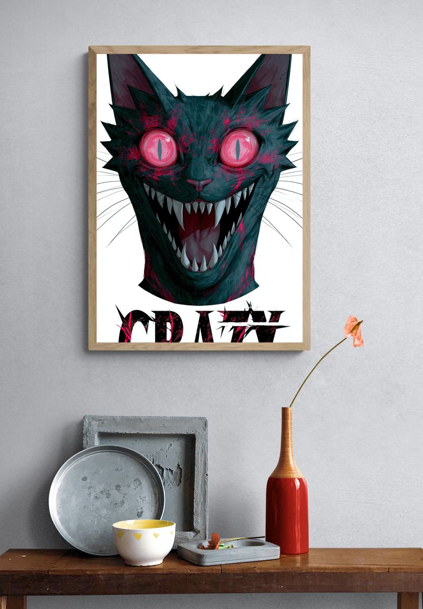 Crazy Cat Horror Illustration Poster. — room view 3