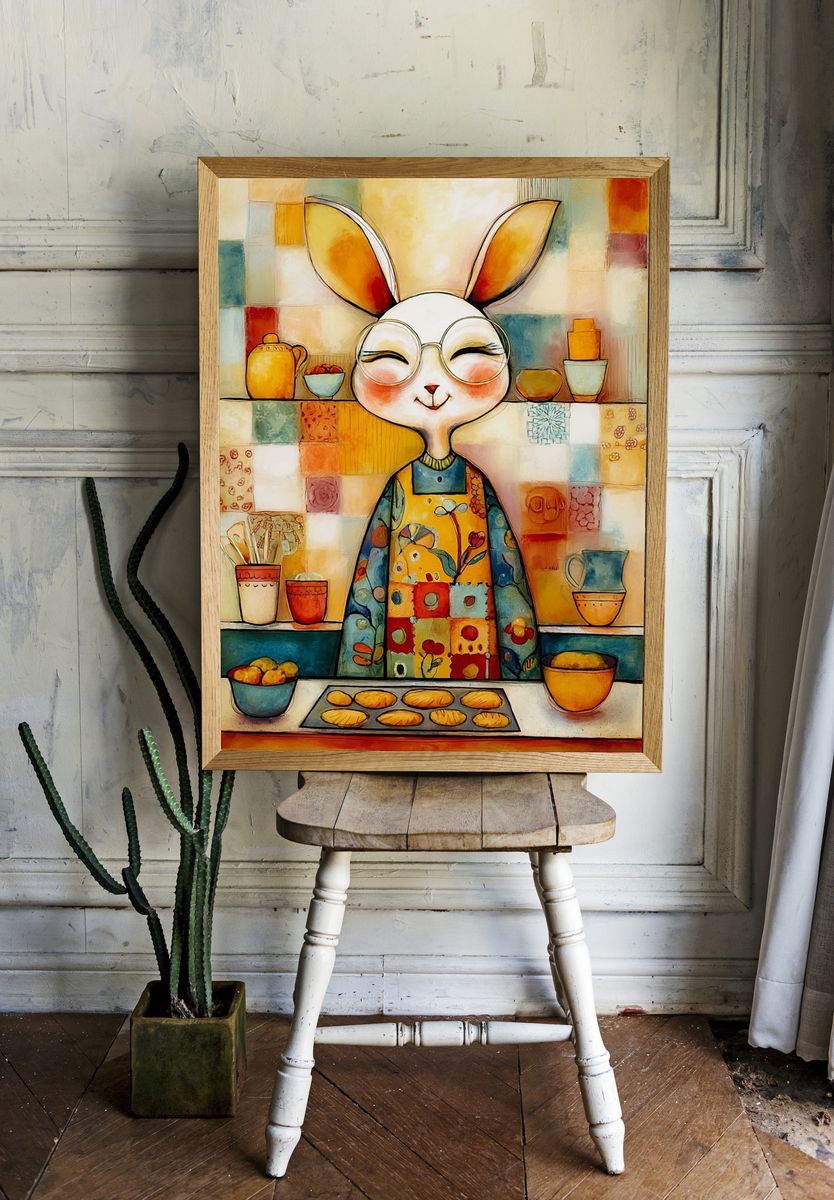Whimsical Bunny Kitchen Illustration Poster. — room view 1