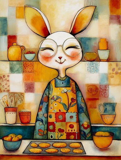 Whimsical Bunny Kitchen Illustration Poster.