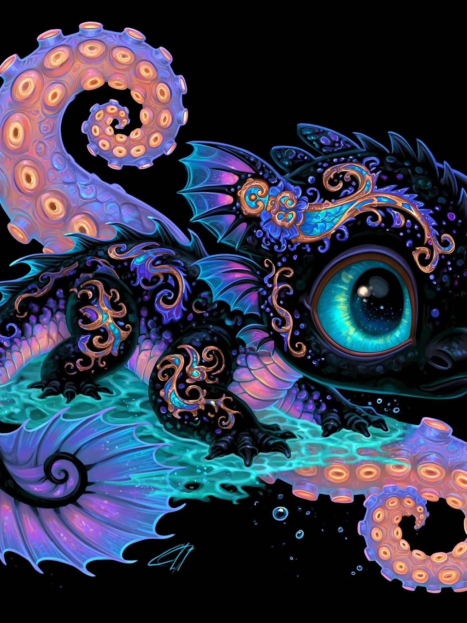 Neon Octopus Dragon Illustration Poster. poster — illustration art