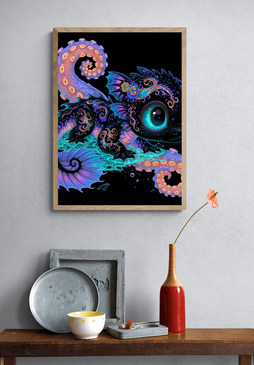 Neon Octopus Dragon Illustration Poster. — room view 3