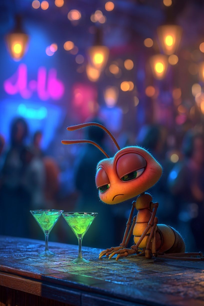 Lonely Ant at Neon Bar Illustration Print. poster — illustration art