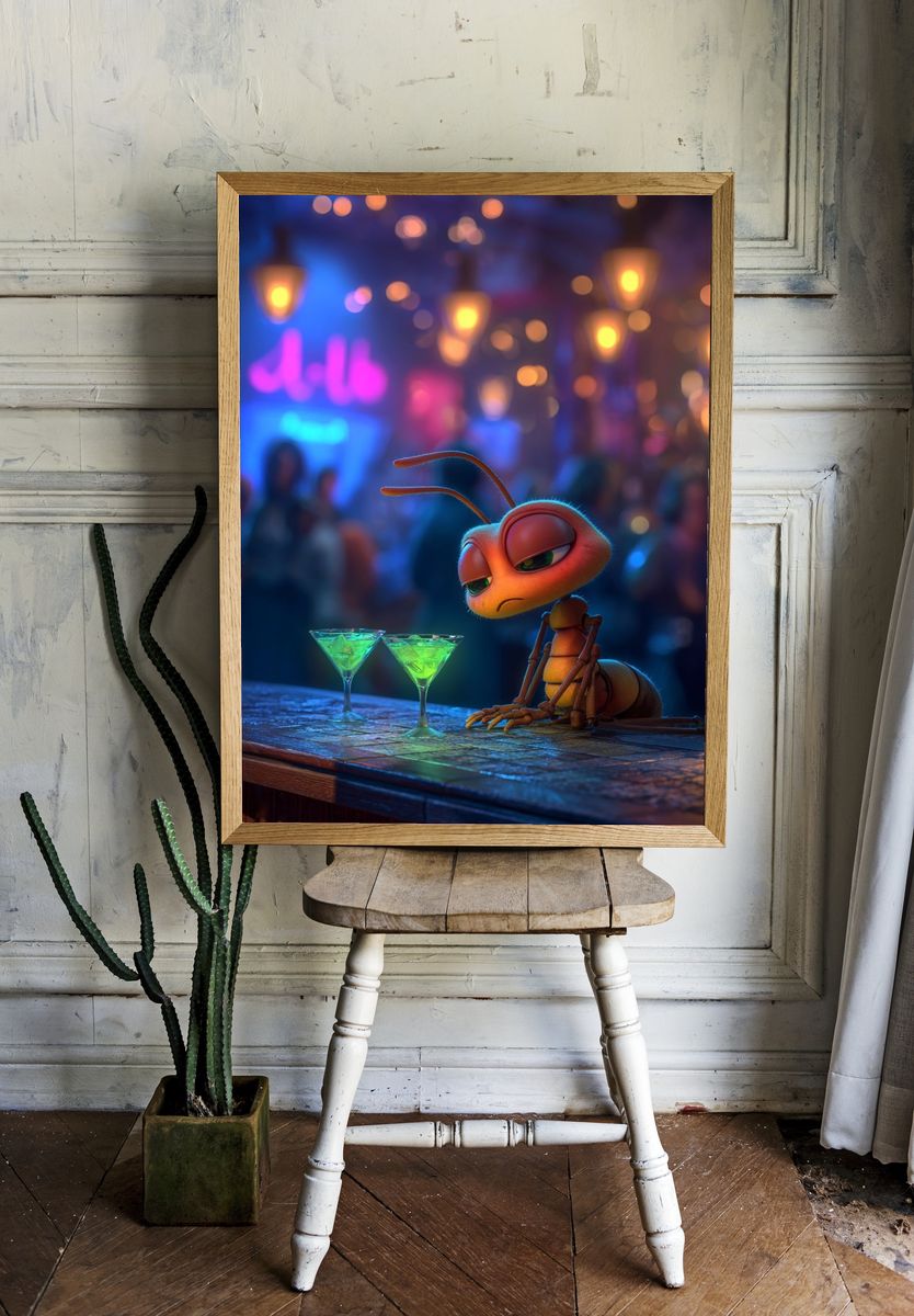 Lonely Ant at Neon Bar Illustration Print. — room view 1