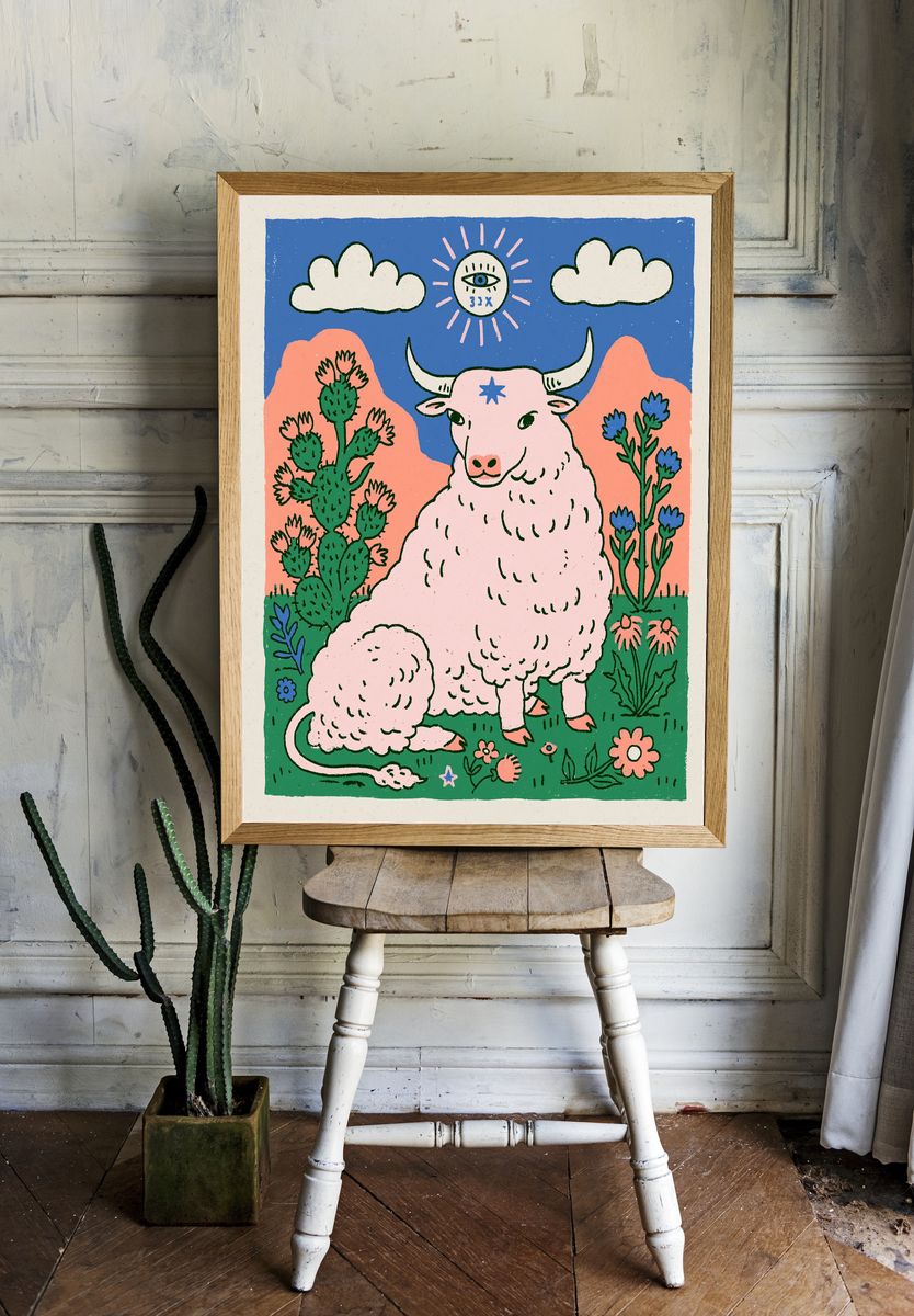 Pastel Bull in Desert Illustration Poster. — room view 1