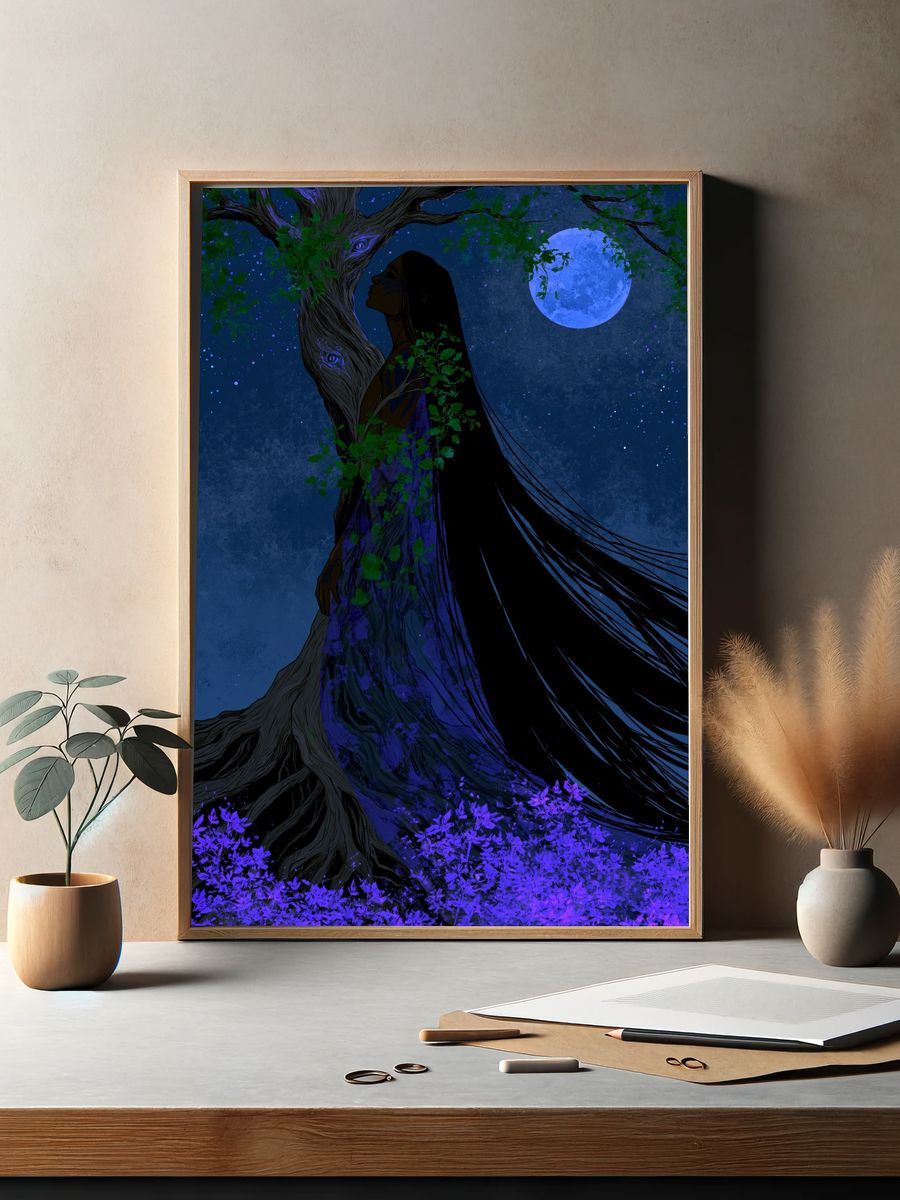 Moonlit Forest Spirit Illustration Poster. — room view 2
