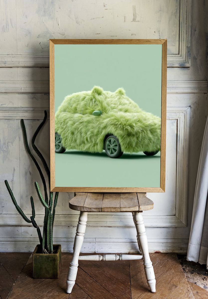 Fuzzy Green Car Illustration Poster. room preview