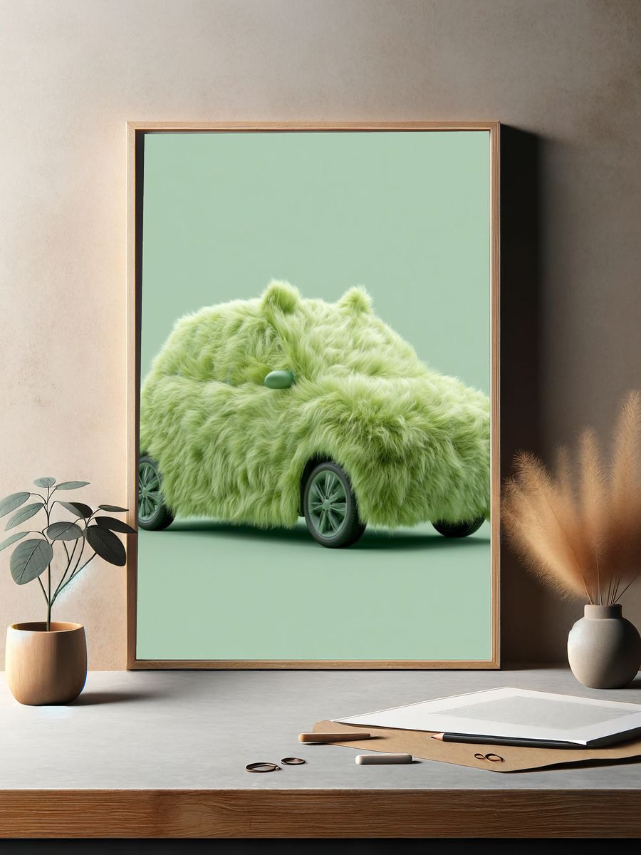 Fuzzy Green Car Illustration Poster. — room view 2