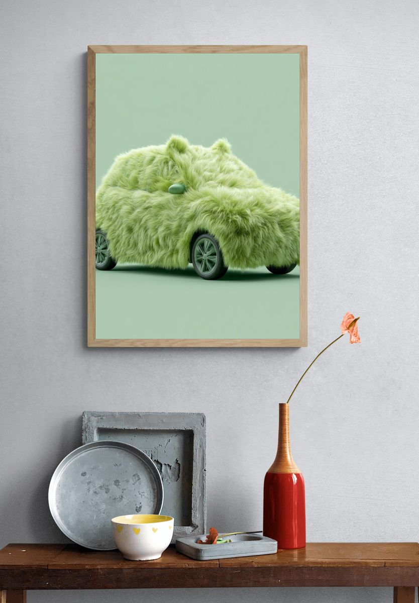 Fuzzy Green Car Illustration Poster. — room view 3