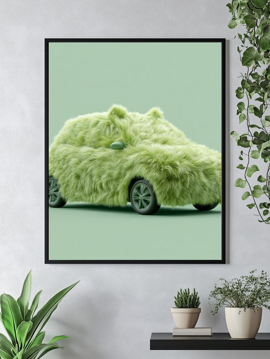 Fuzzy Green Car Illustration Poster. — room view 4