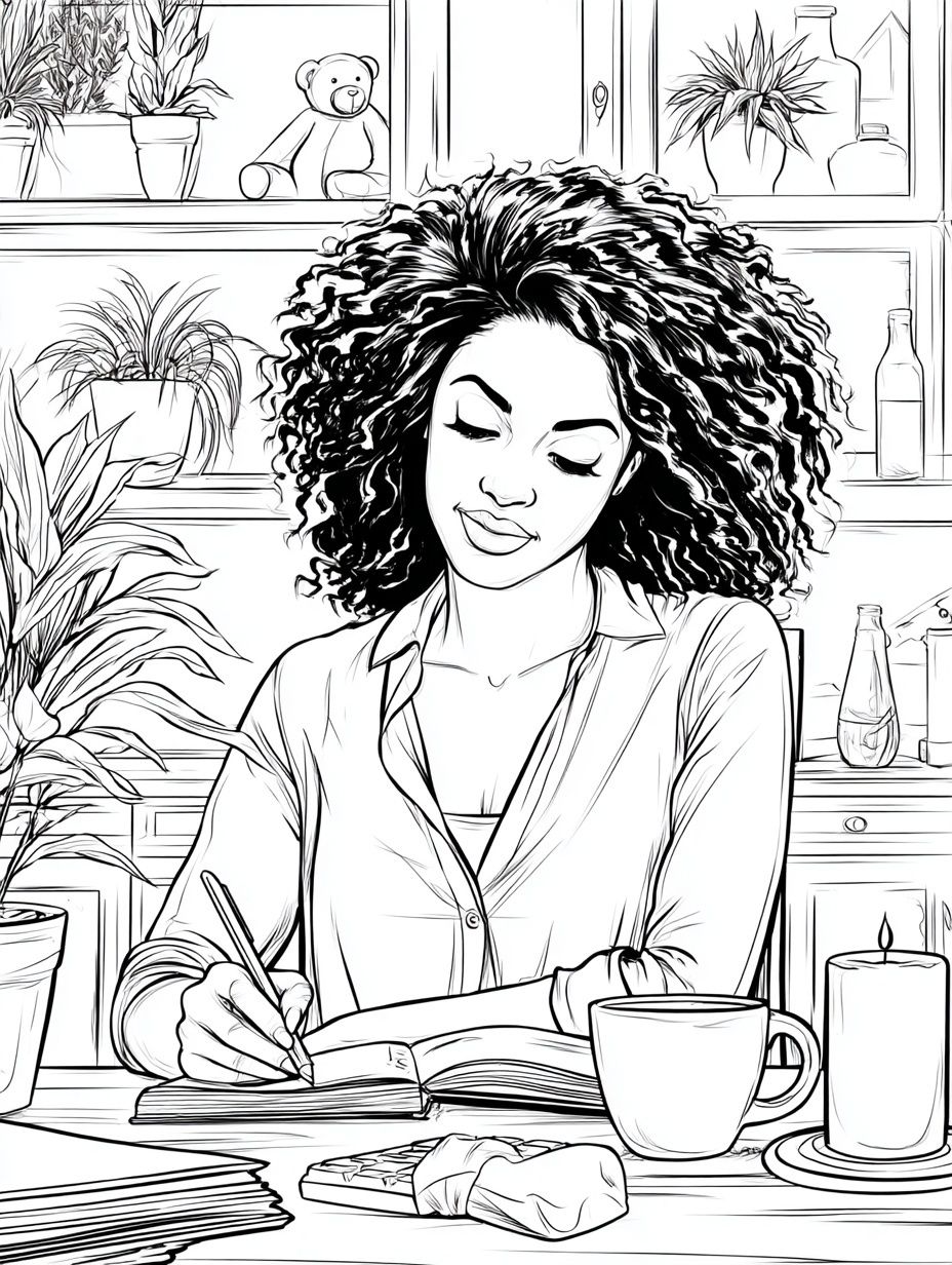 Woman Journaling at Desk Illustration Poster. poster — illustration art