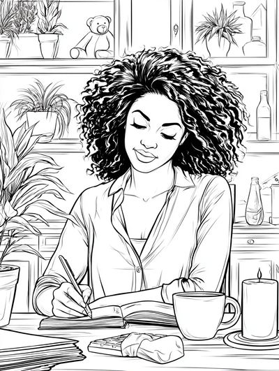 Woman Journaling at Desk Illustration Poster. poster