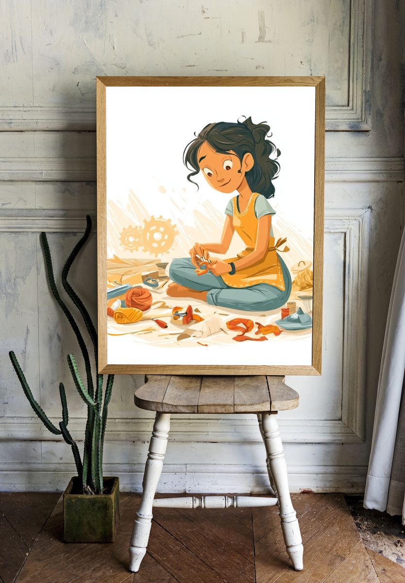 Young Girl Sewing Illustration Poster. room preview