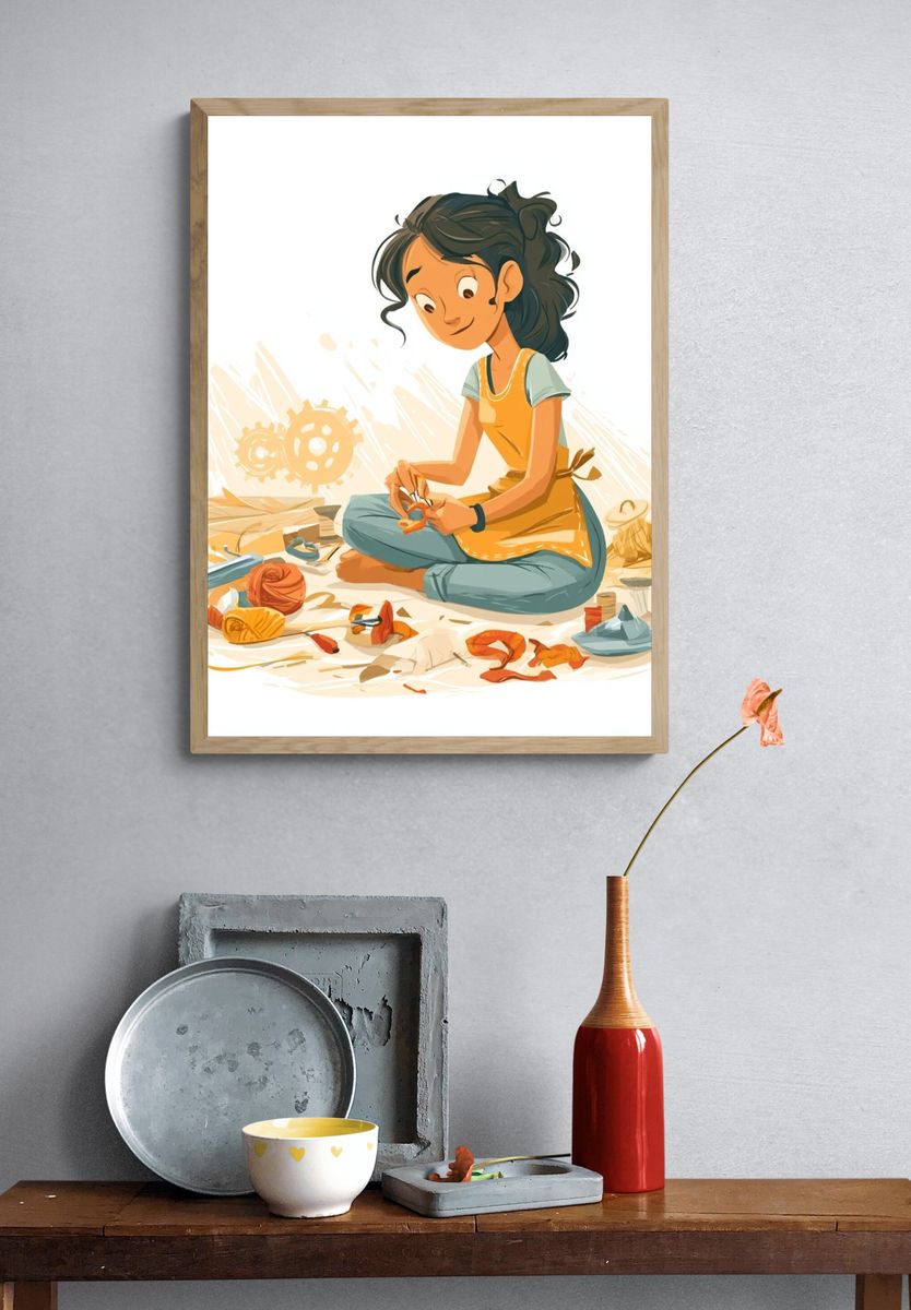 Young Girl Sewing Illustration Poster. — room view 3