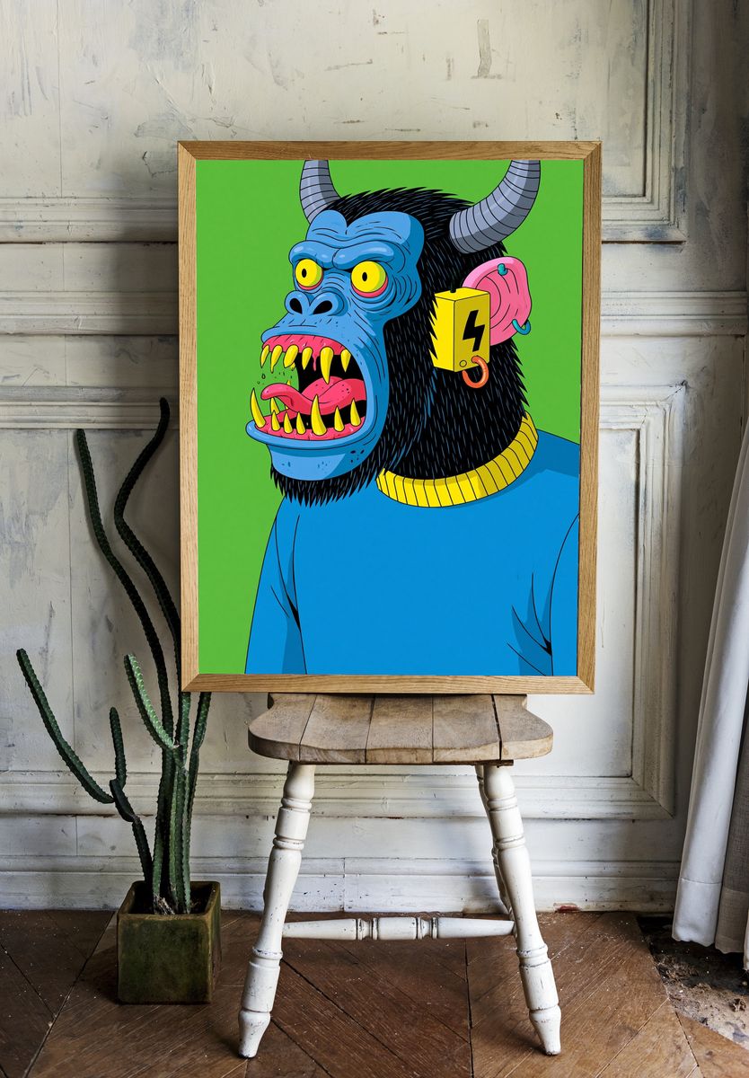 Neon Horned Gorilla Illustration Poster. — room view 1