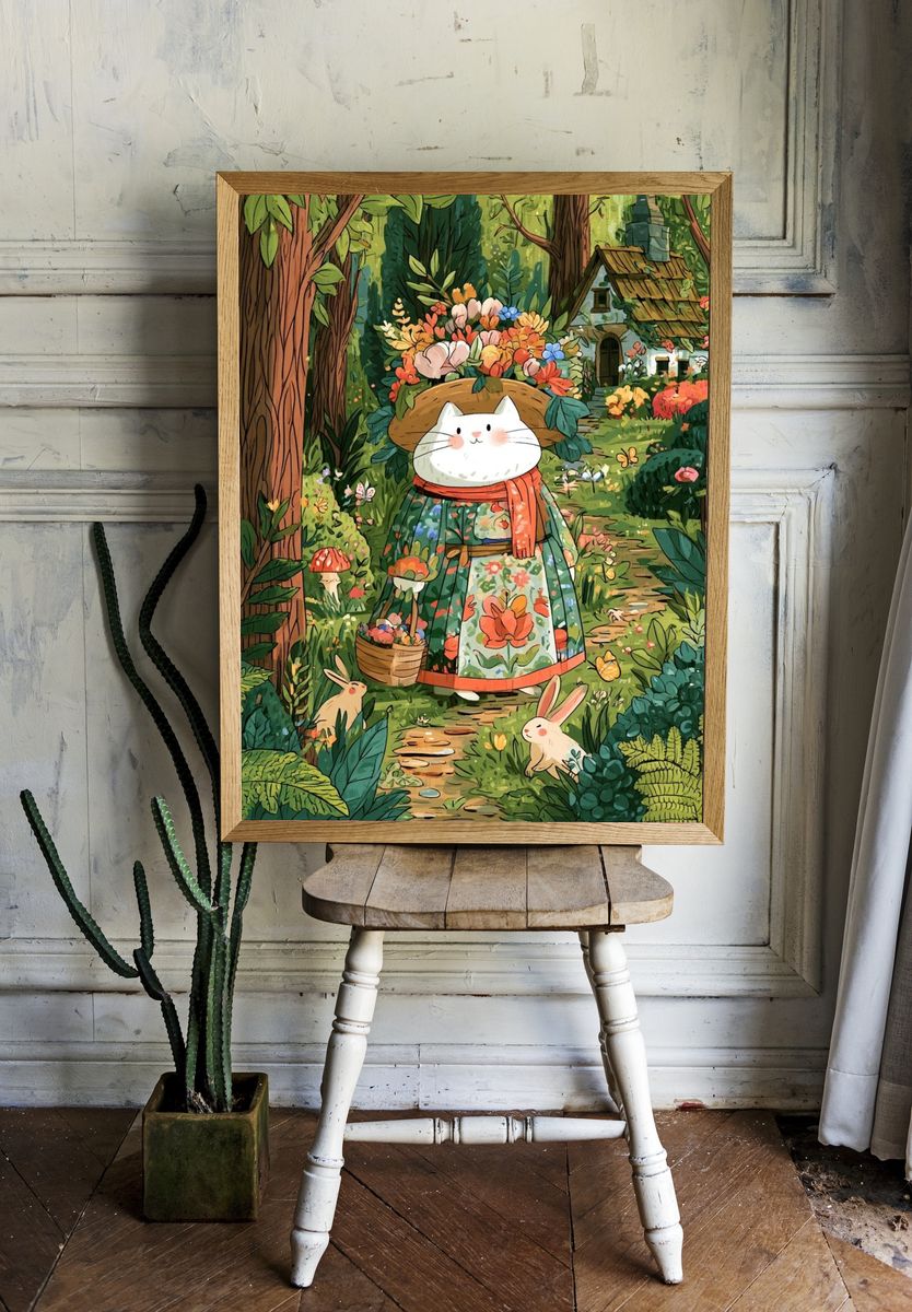 Garden Cat Illustration Poster. — room view 1