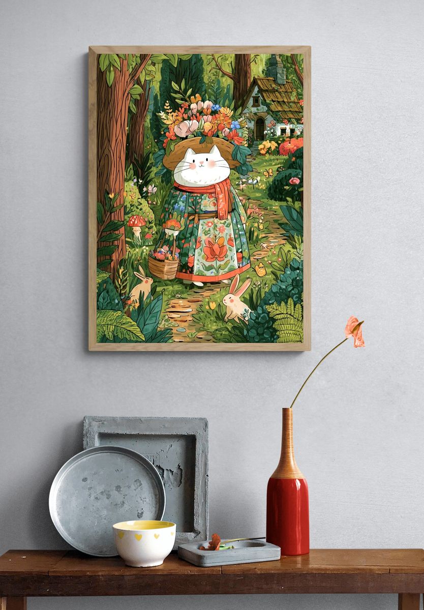 Garden Cat Illustration Poster. — room view 3