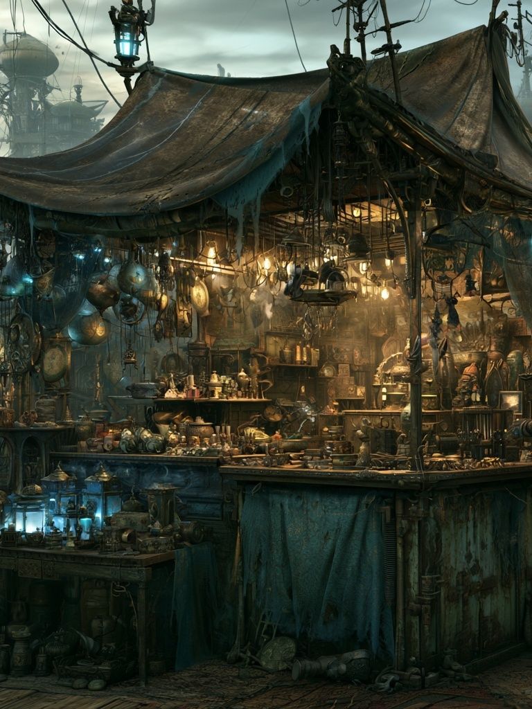 Steampunk Market Stall Illustration Poster. poster detail