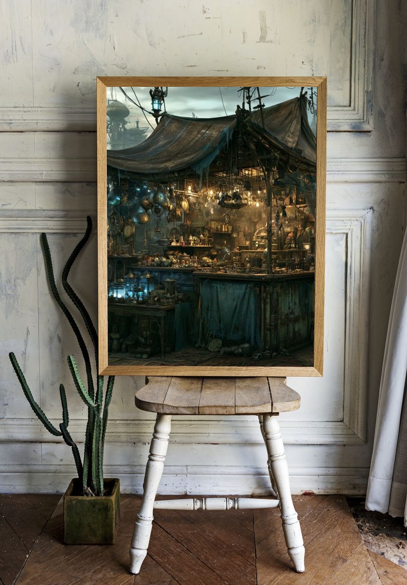 Steampunk Market Stall Illustration Poster. — room view 1
