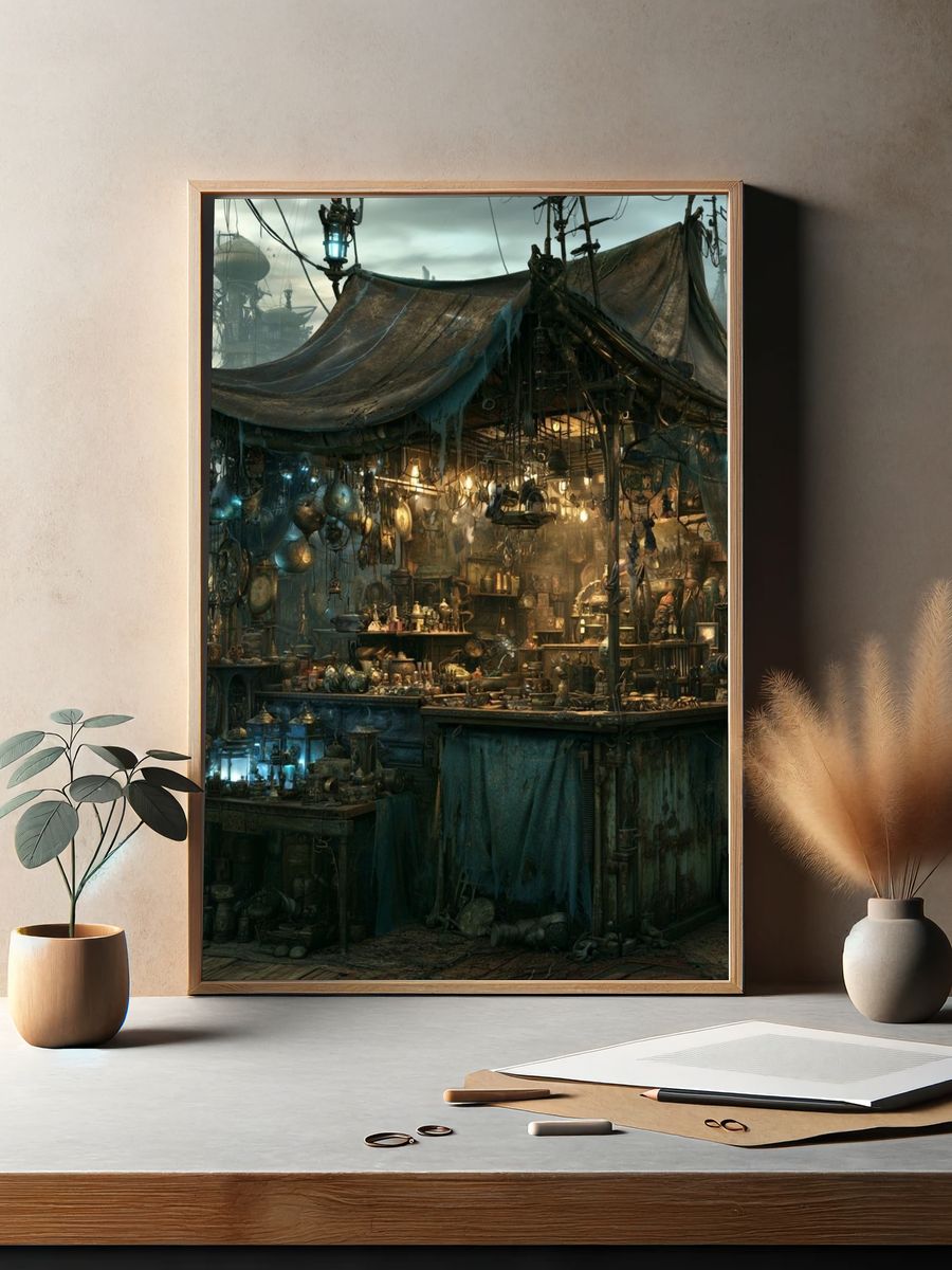 Steampunk Market Stall Illustration Poster. — room view 2