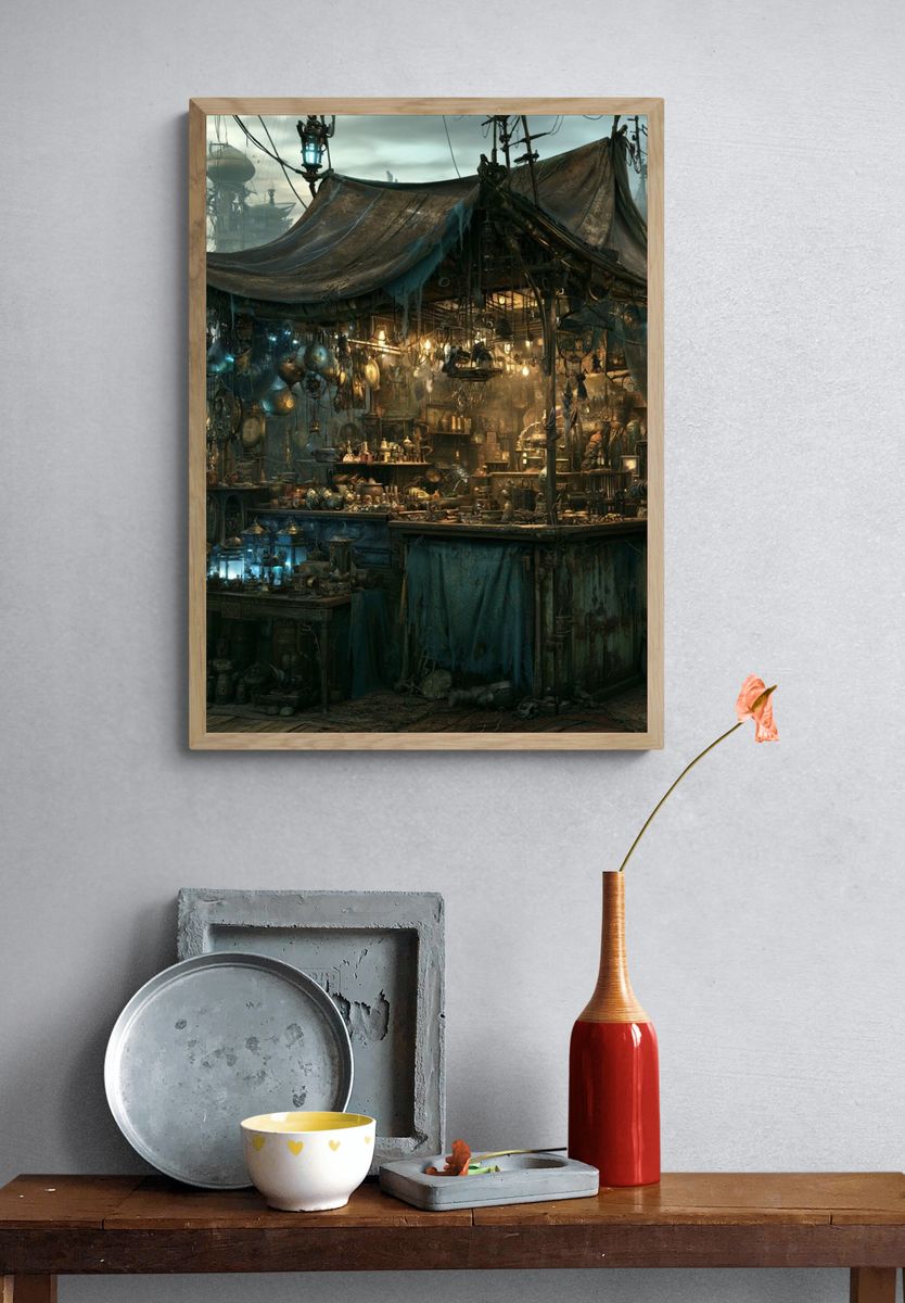 Steampunk Market Stall Illustration Poster. — room view 3
