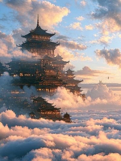 Floating Temple in Clouds Poster. poster