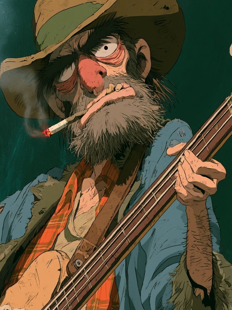 Grizzled Bass Player Illustration Poster. poster detail