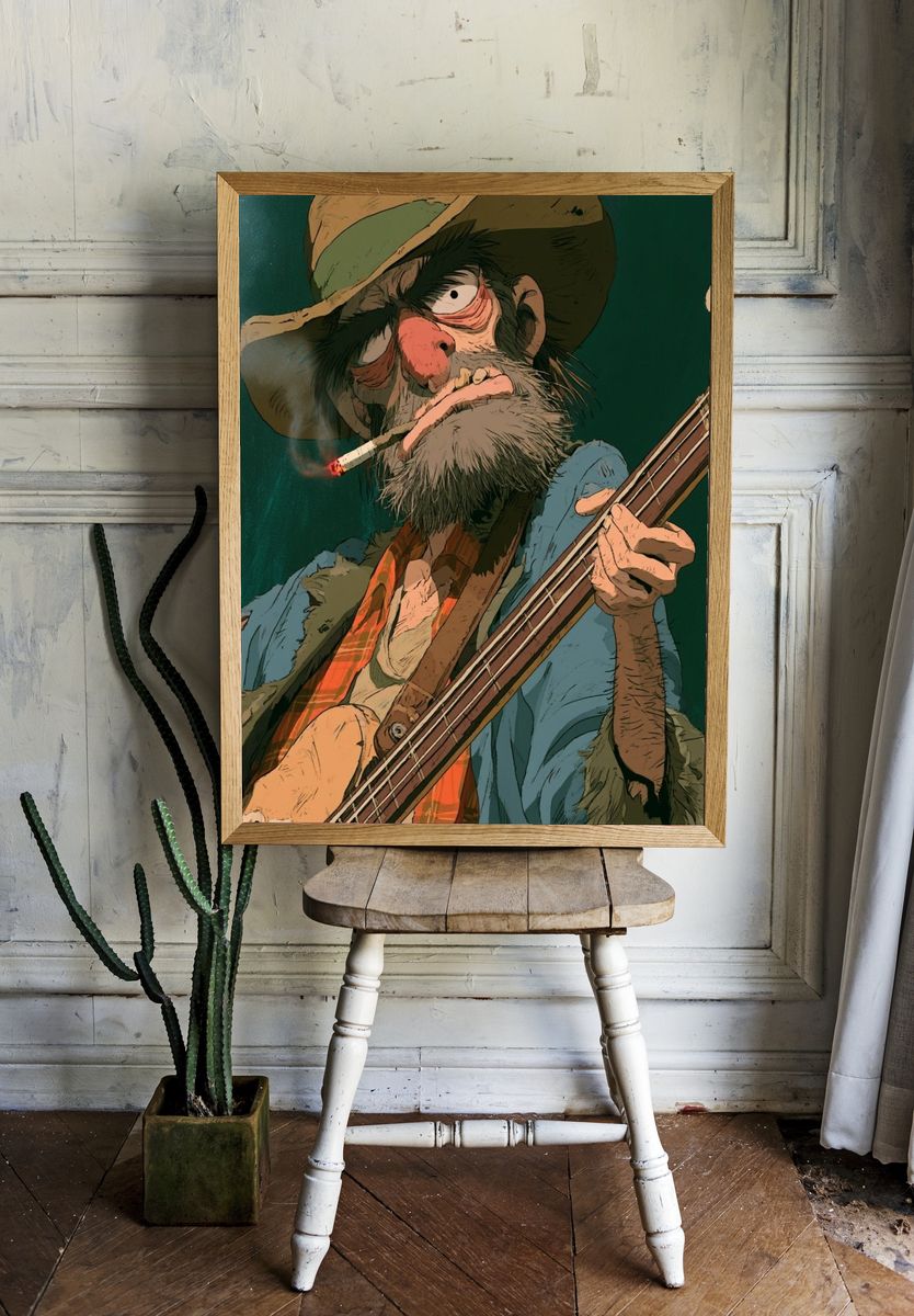 Grizzled Bass Player Illustration Poster. — room view 1
