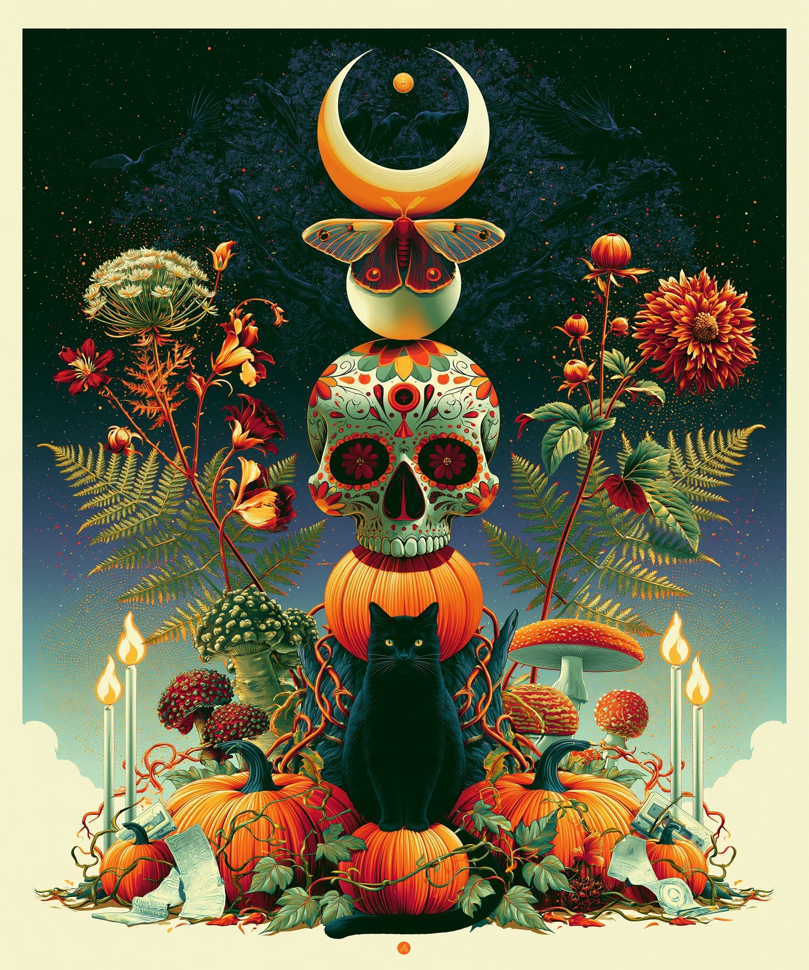 Mystic Cat Skull Botanical Poster. poster detail