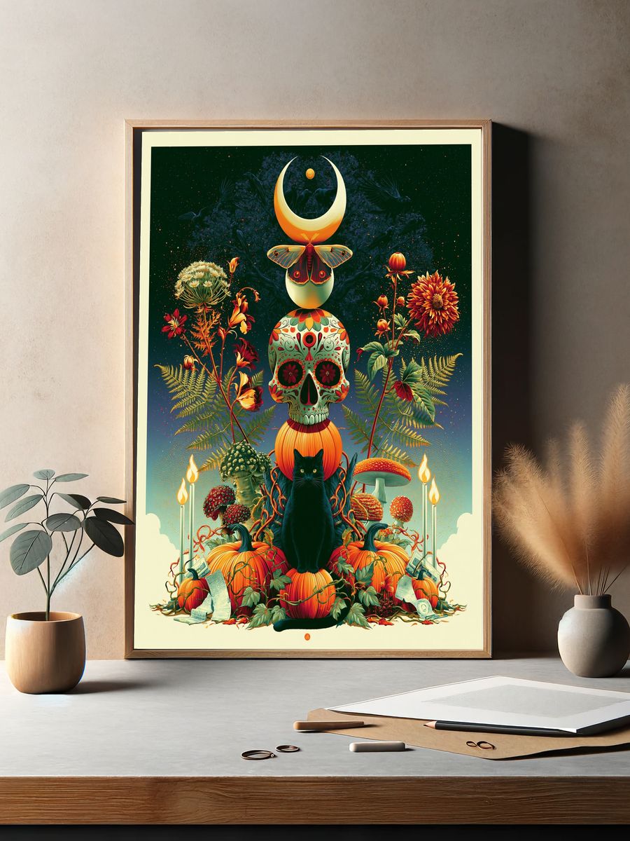Mystic Cat Skull Botanical Poster. — room view 2