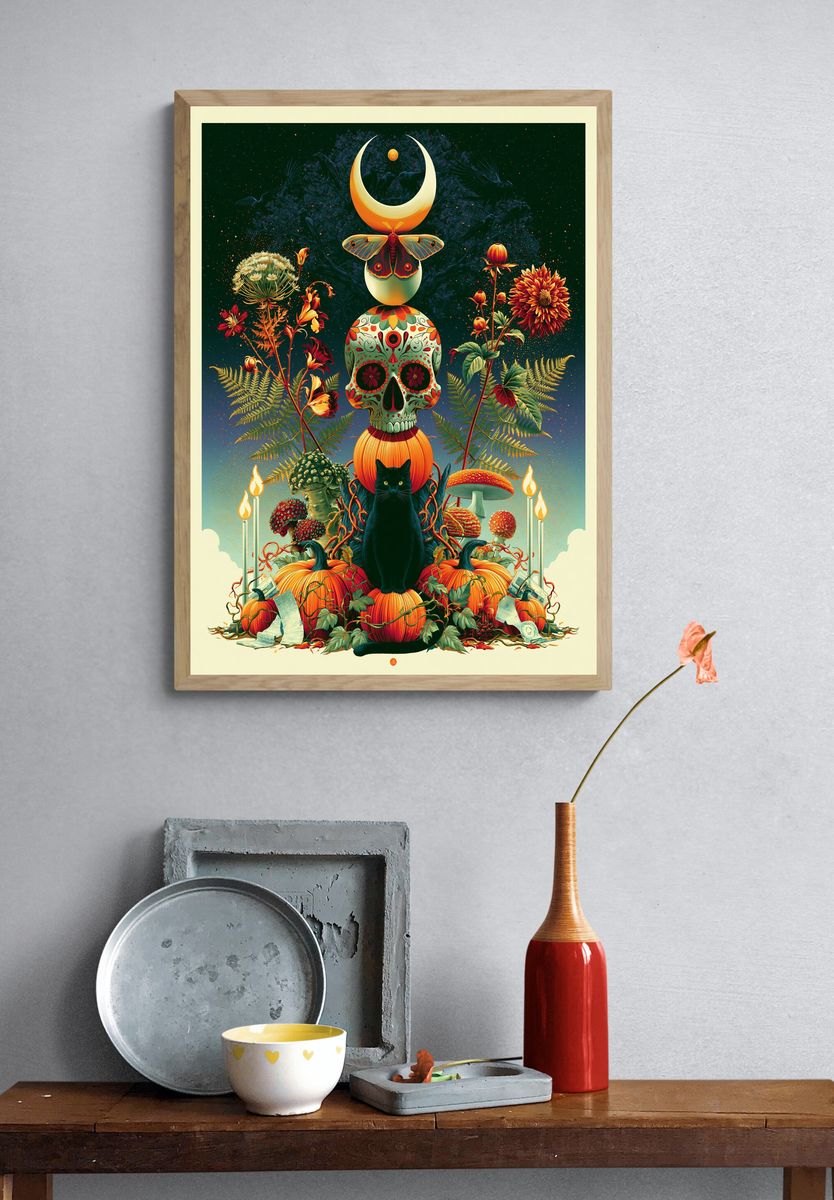 Mystic Cat Skull Botanical Poster. — room view 3