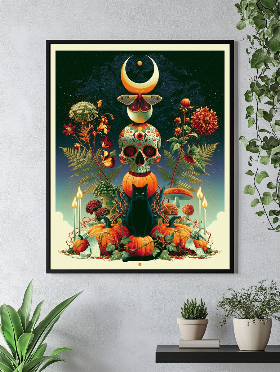 Mystic Cat Skull Botanical Poster. — room view 4