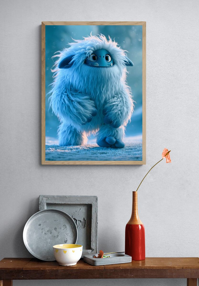 Blue Furry Creature Illustration Poster. — room view 3