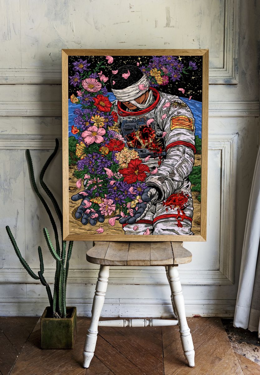 Astronaut Flower Bloom Illustration Poster. room preview
