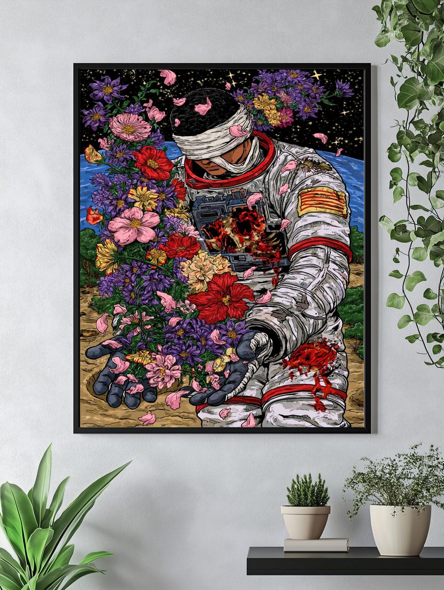 Astronaut Flower Bloom Illustration Poster. — room view 4