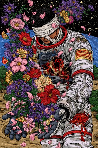 Astronaut Flower Bloom Illustration Poster.