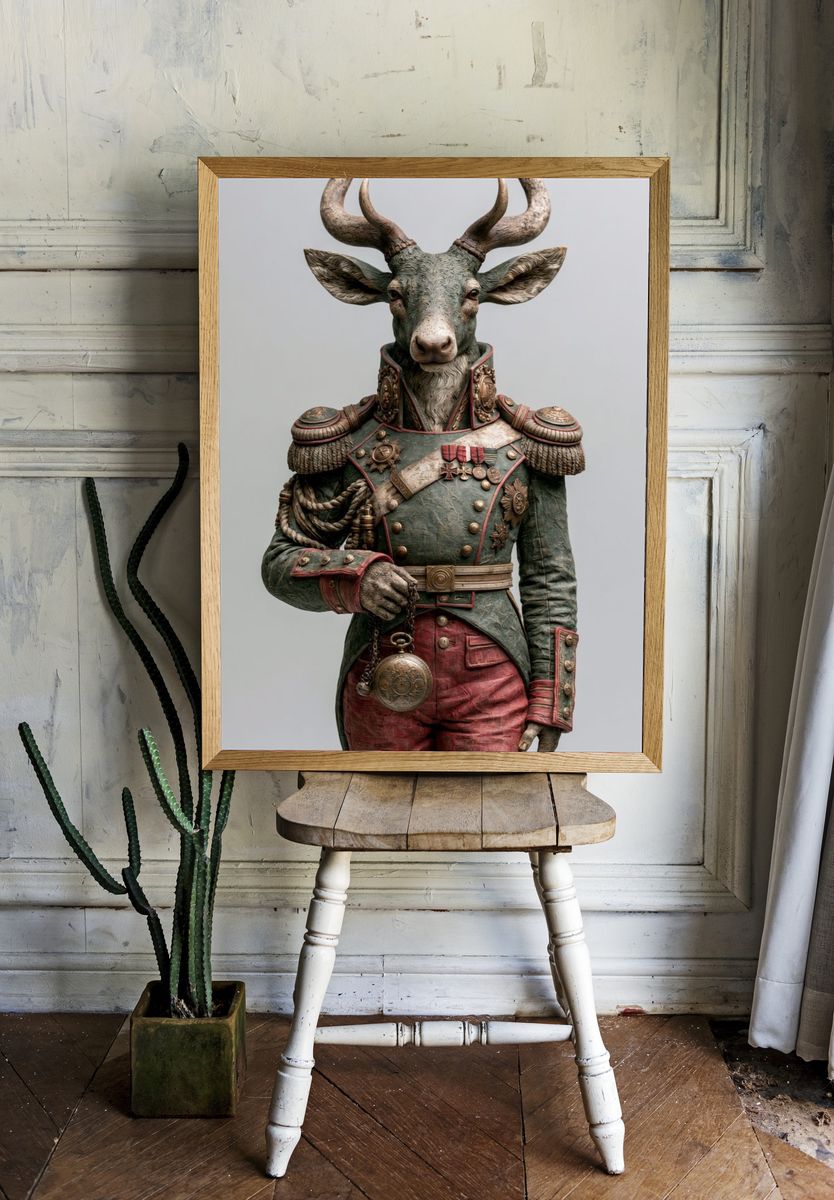 Antlered General Deer Illustration Poster. — room view 1