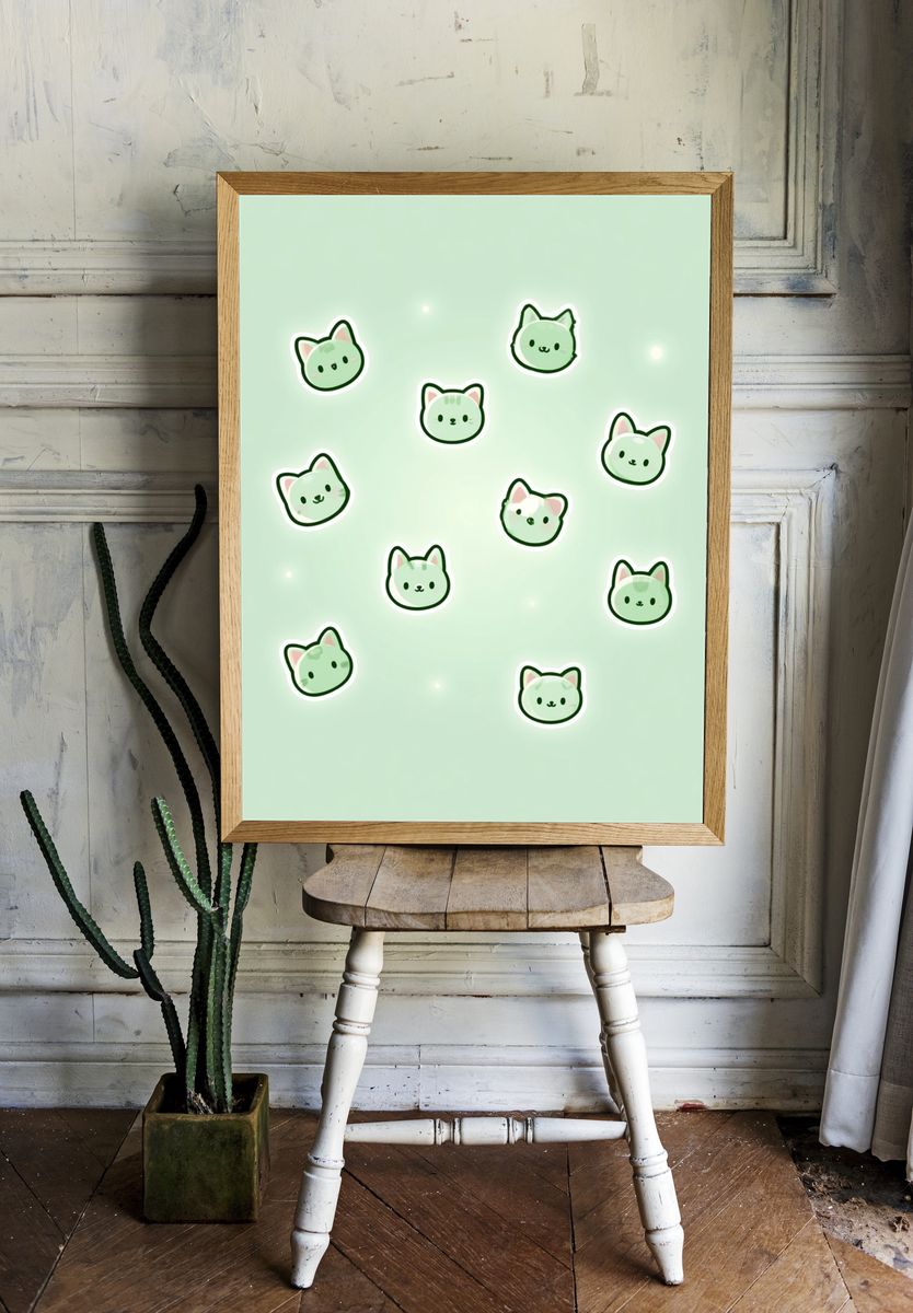 Cute Green Cat Faces Illustration Poster. — room view 1