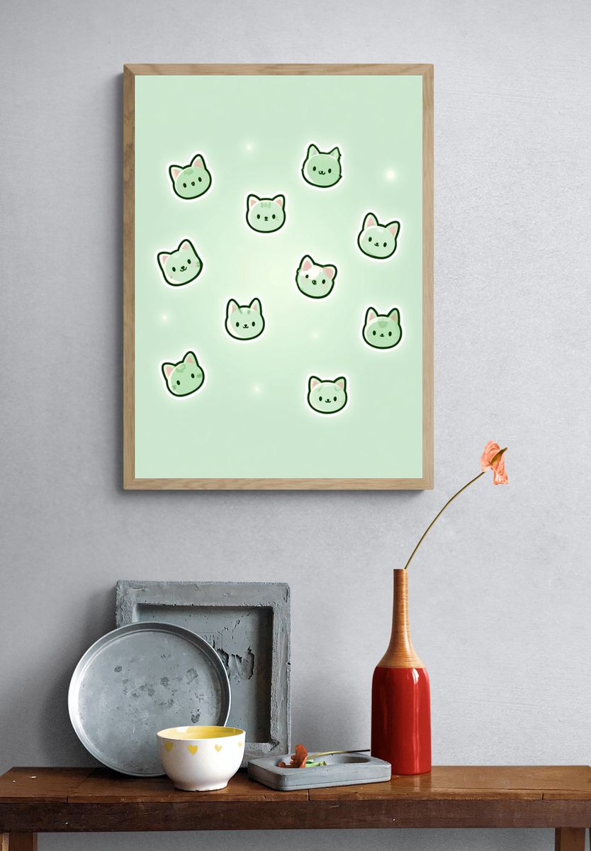 Cute Green Cat Faces Illustration Poster. — room view 3
