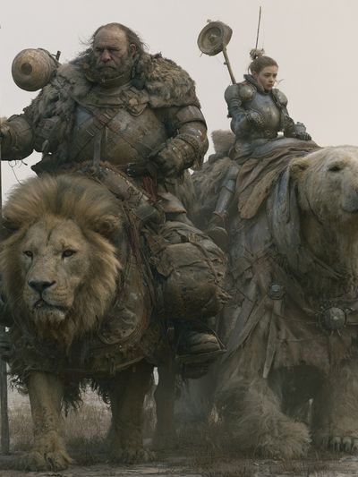 Fantasy Riders on Lions Poster. poster print