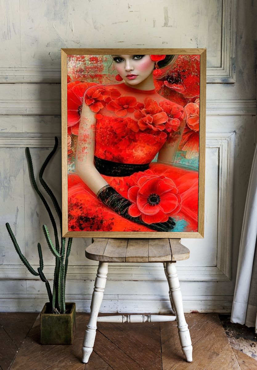 Red Floral Portrait Illustration Poster. room preview