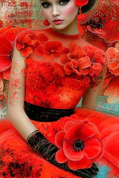 Red Floral Portrait Illustration Poster. poster