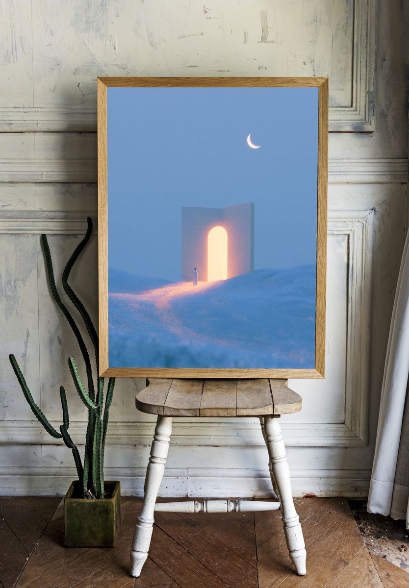 Moonlit Portal Surrealism Print. room preview