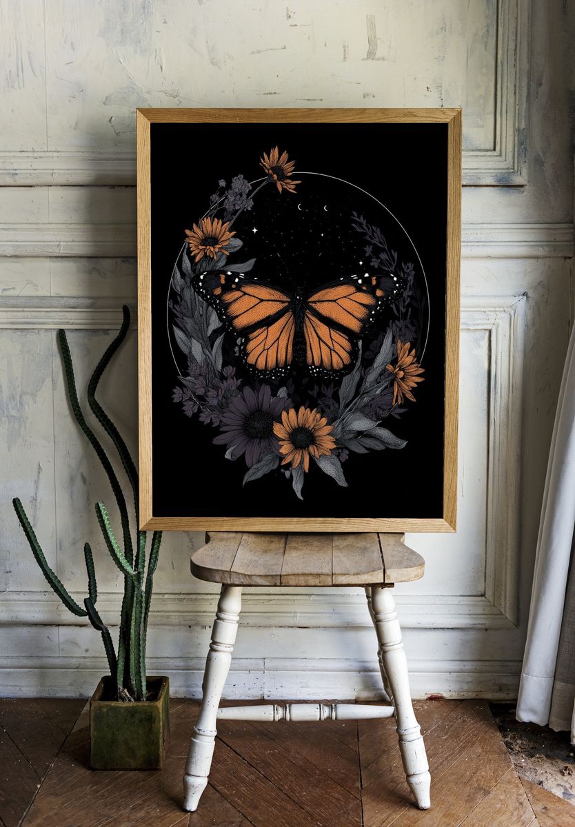 Monarch Butterfly Floral Illustration Poster. room preview
