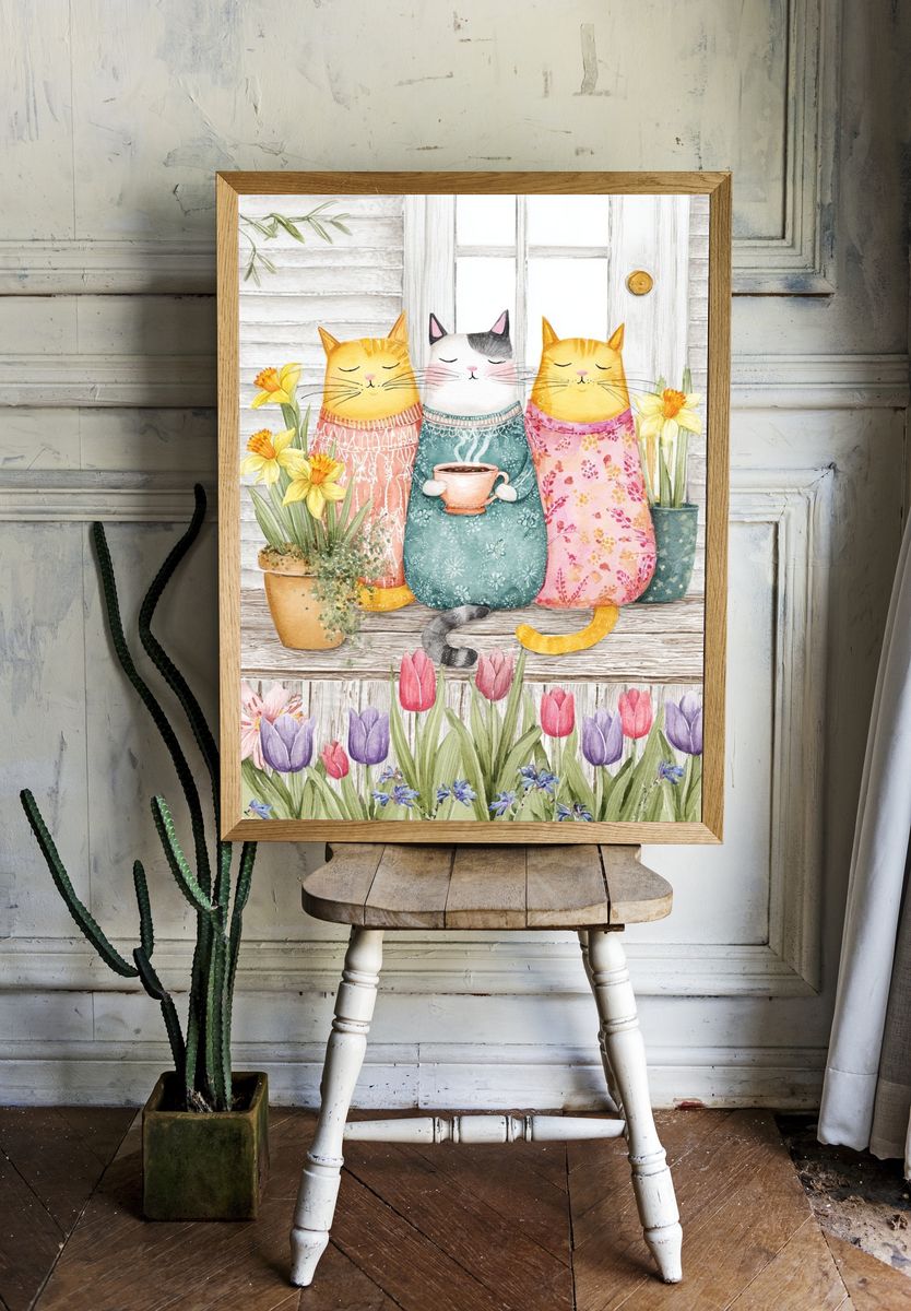 Cozy Cats in Spring Garden Print. room preview