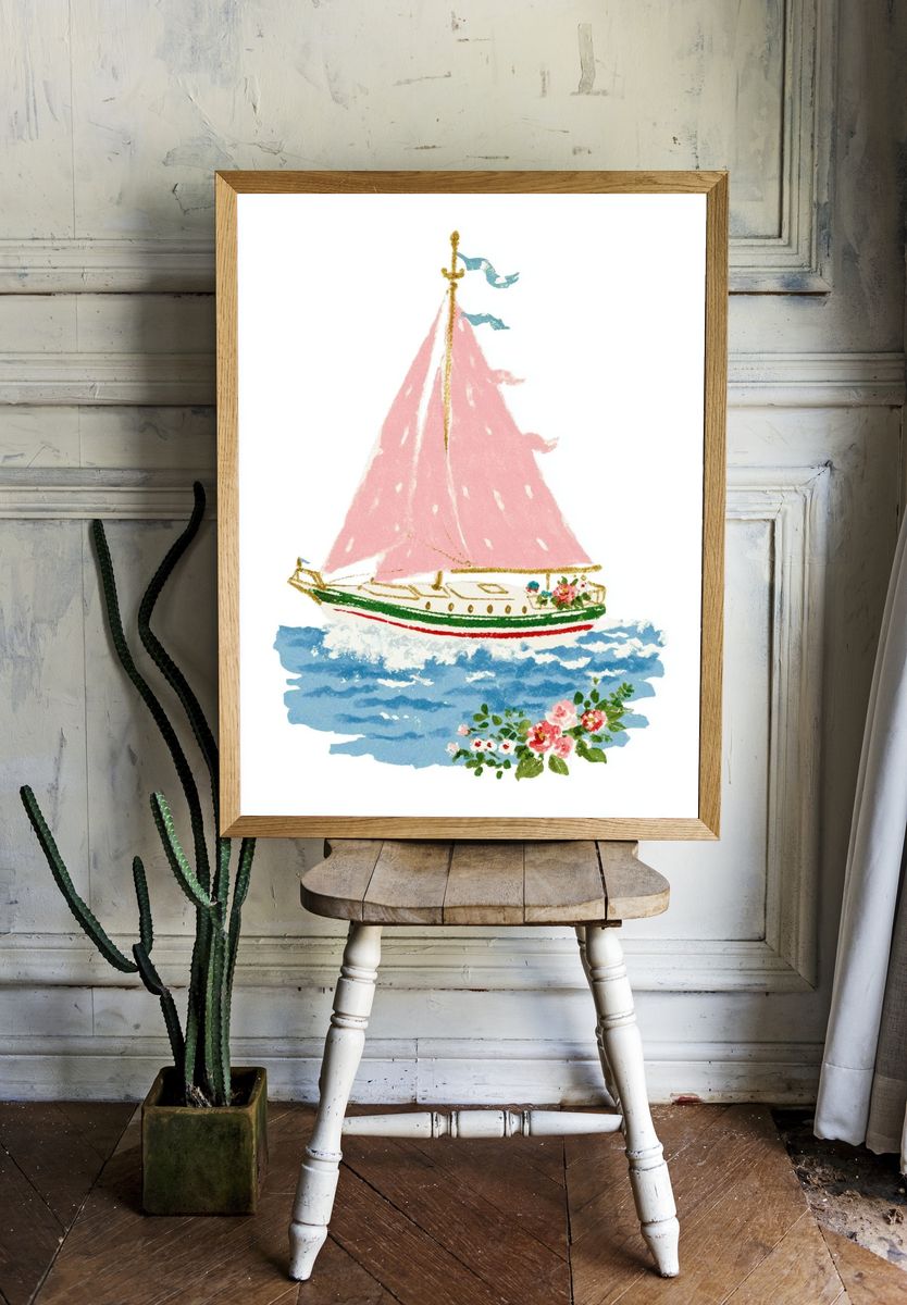 Pink Sailboat Watercolor Print. — room view 1