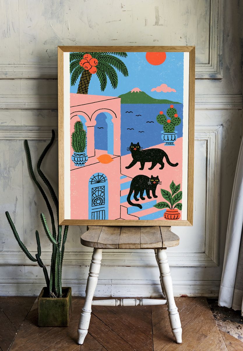 Mediterranean Cats Illustration Poster. — room view 1
