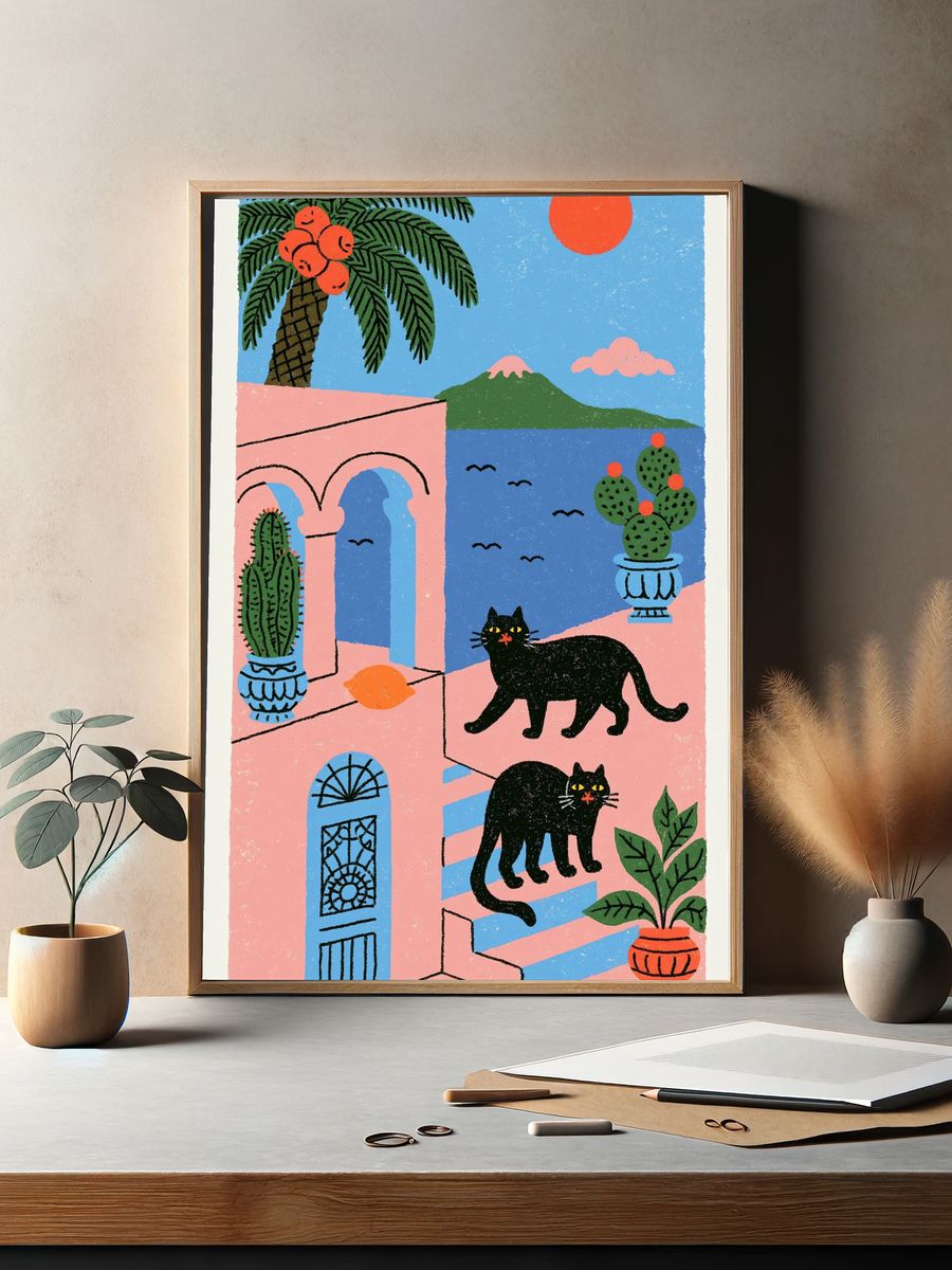 Mediterranean Cats Illustration Poster. — room view 2