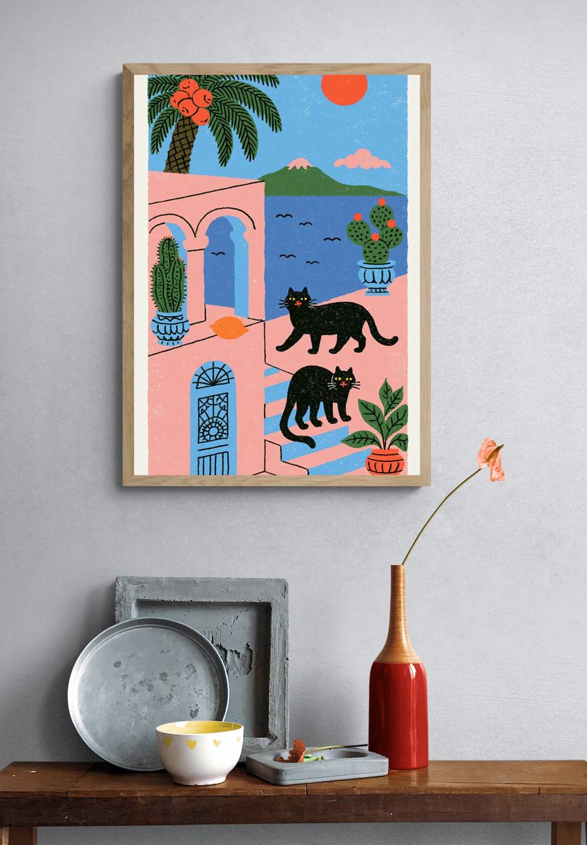 Mediterranean Cats Illustration Poster. — room view 3