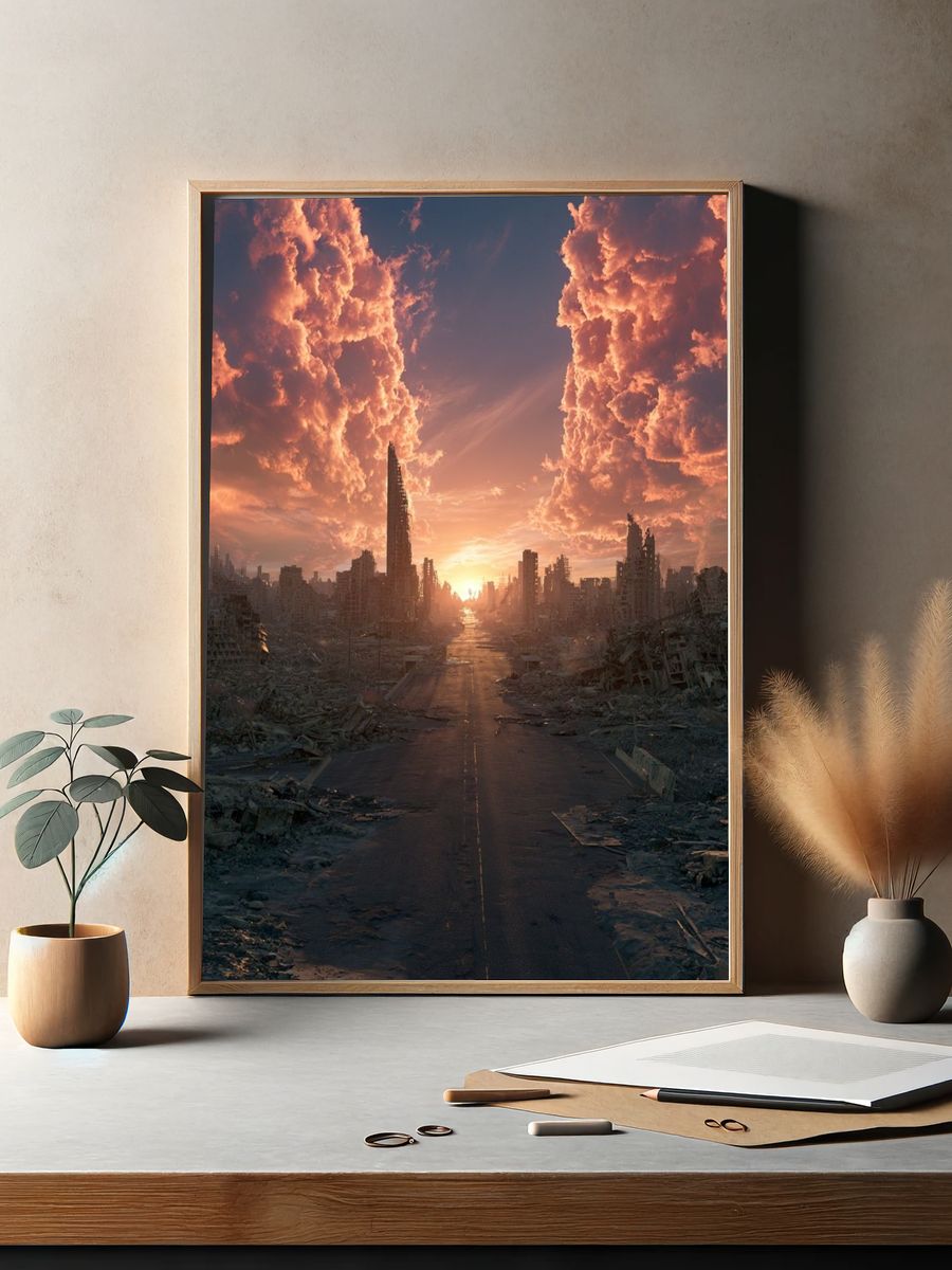 Dystopian City Sunset Poster. — room view 2